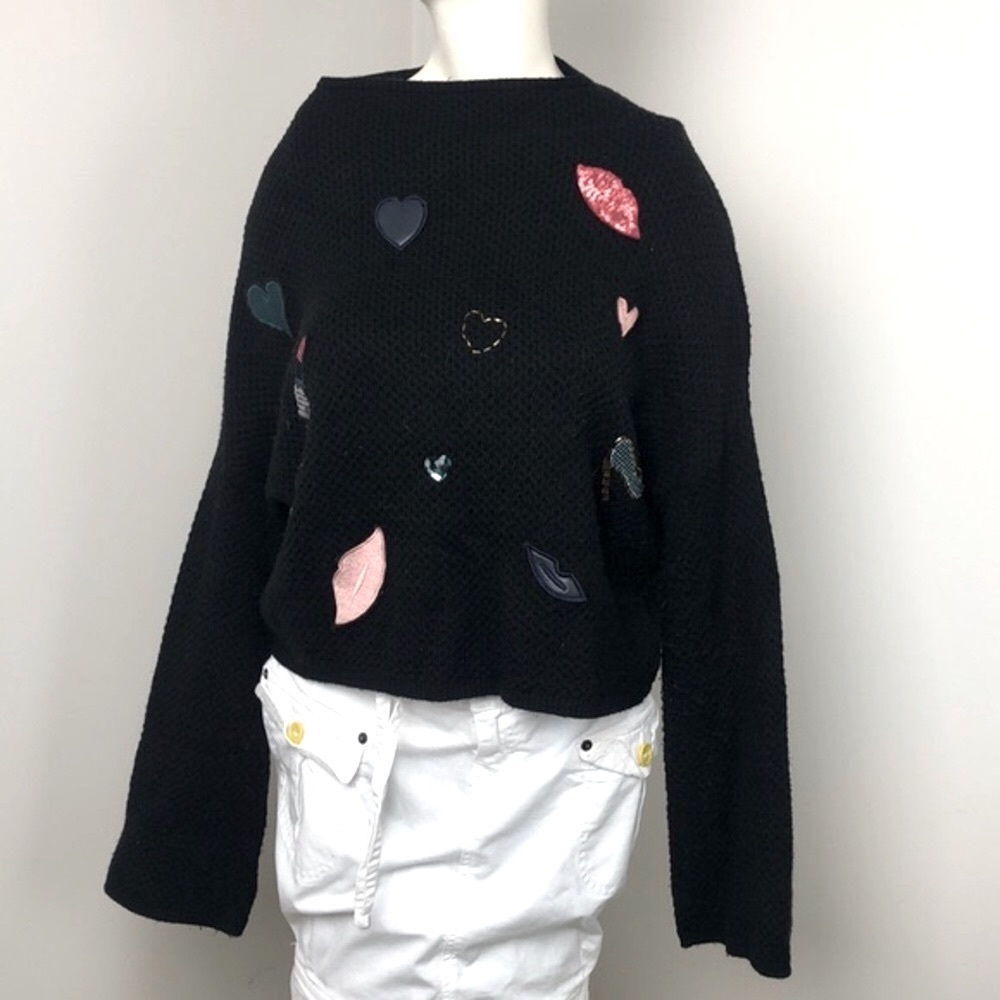 ONLY Black Embellished Patches Love Pullover Sweater Size M